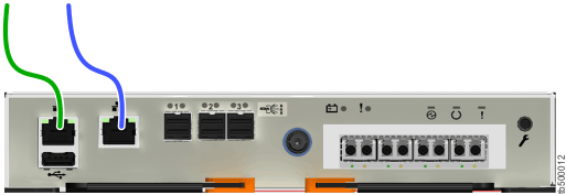 Lenovo Storage V3700 V2 XP Image showing rear of control enclosure with Ethernet cables connected