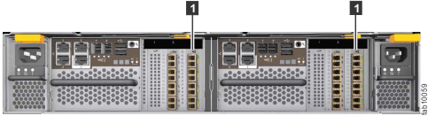 Rear view of Lenovo Storage V7000 2076-524 showing two installed 10 Gbps Fibre Channel over Ethernet/iSCSI host interface adapters